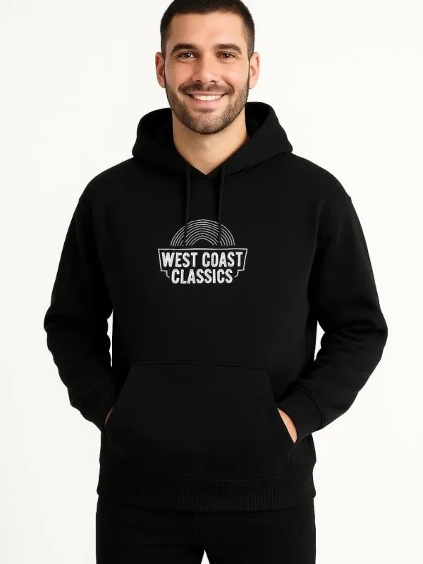 Férfi fekete 3 szálas pamut nyomott kenguru zsebes hoodie 6