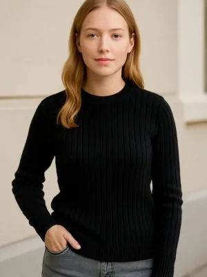 Women's Black Regular Fit Ribbed Crew Neck Cotton Knit Sweater