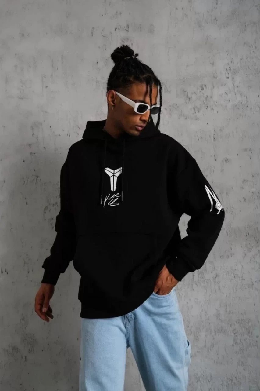Ανδρικό Μαύρο Oversize 3-κλωνο Βαμβακερό με Τσέπη Κάγκουρο Κουκουλοφόρο με Τυπωμένο Σχέδιο Sweatshirt