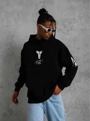 Men's Black Oversize 3-Thread Cotton Kangaroo Pocket Hooded Printed Sweatshirt