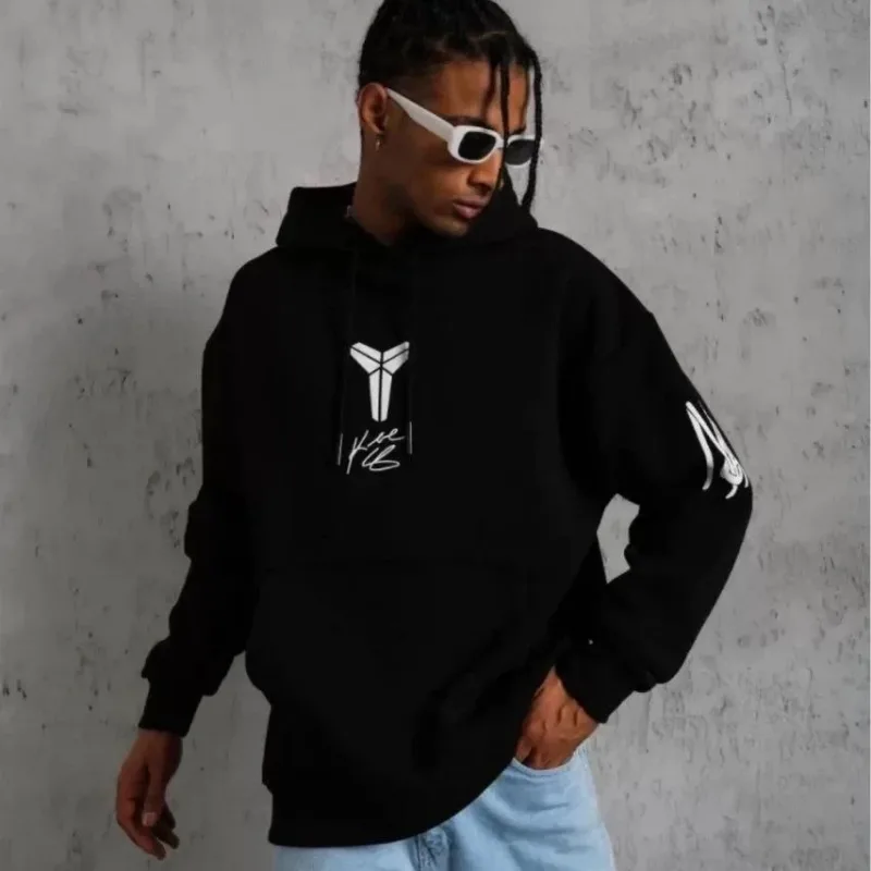 Men's Black Oversize 3-Thread Cotton Kangaroo Pocket Hooded Printed Sweatshirt