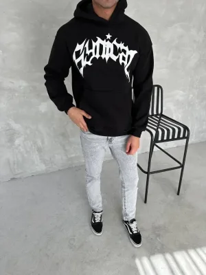 Muška crna oversize 3-nitna pamučna kapuljača s printom i džepom sweatshirt