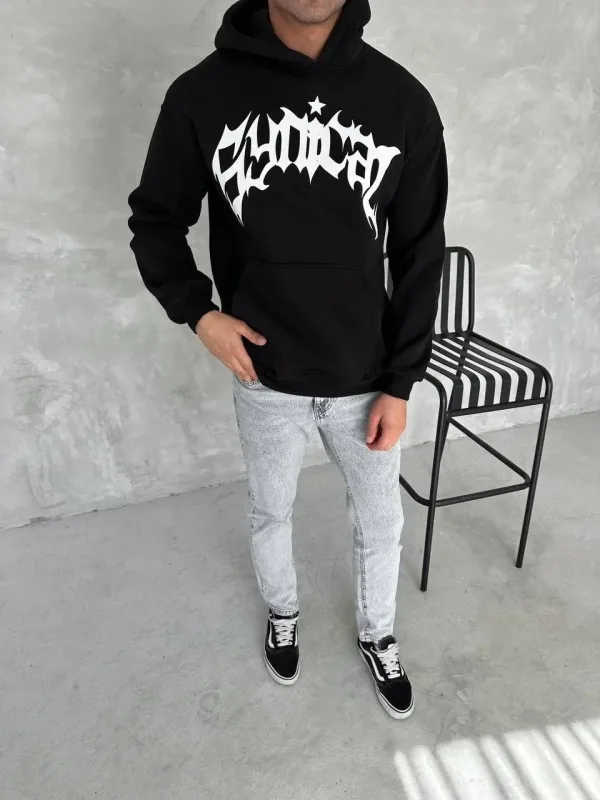 Muška crna oversize 3-nitna pamučna kapuljača s printom i džepom sweatshirt 1