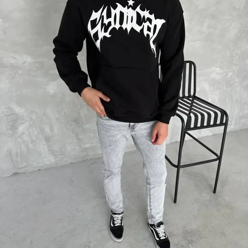 Muška crna oversize 3-nitna pamučna kapuljača s printom i džepom sweatshirt