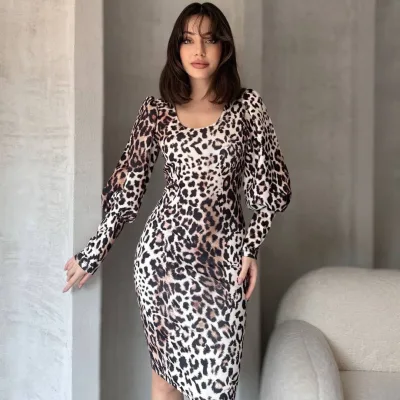 Leopard Pattern Midi Length Dress White 2