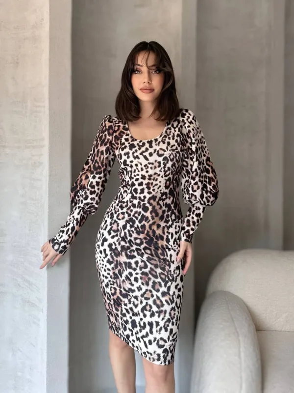 Leopard Pattern Midi Length Dress White 2