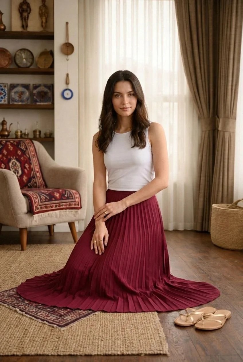 Bordowa damska satynowa plisowana spódnica midi, elegancka i stylowa