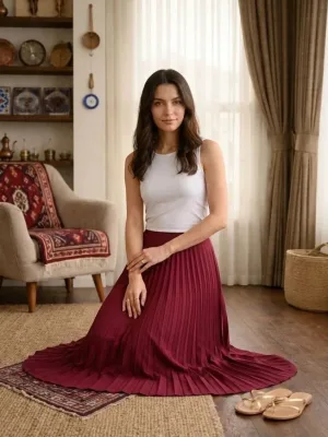 Ženska bordo satenska plisirana midi suknja, elegantna