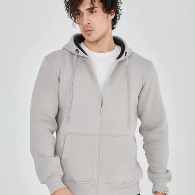 Kişi Boz 3 İplik Pambıqlı Tam Fermuarlı Başlıqlı Cepli Hoodie 2