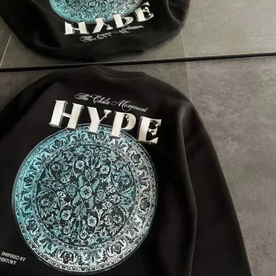 Damski Czarny Oversize 3-nitkowy Bawełniany Okrągły Dekolt Nadruk Sweatshirt 3