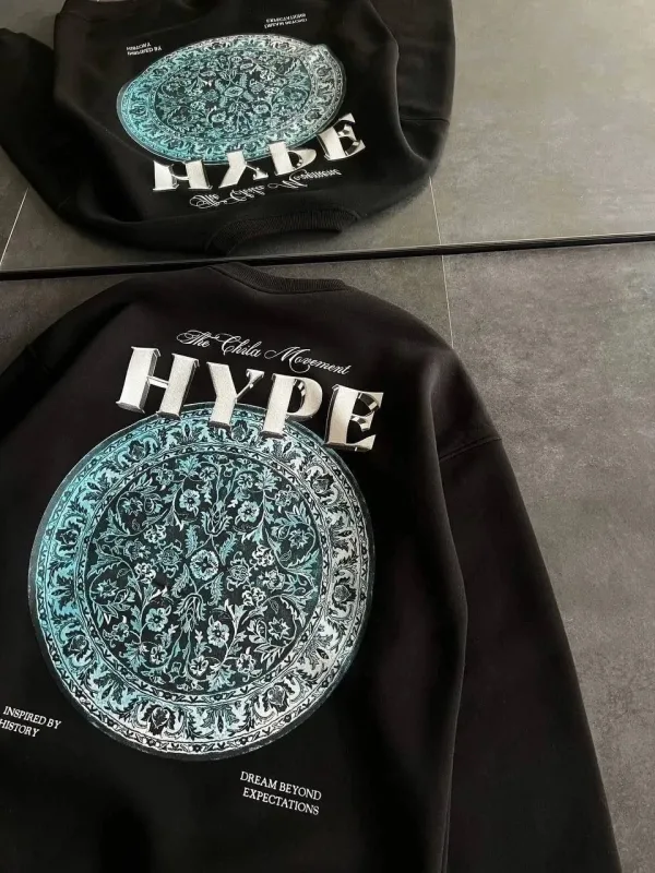 Damski Czarny Oversize 3-nitkowy Bawełniany Okrągły Dekolt Nadruk Sweatshirt 3