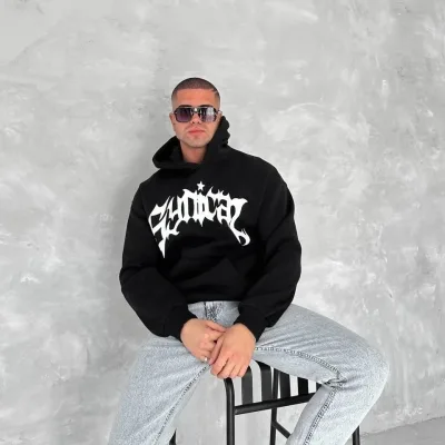 Muška crna oversize 3-nitna pamučna kapuljača s printom i džepom sweatshirt 2
