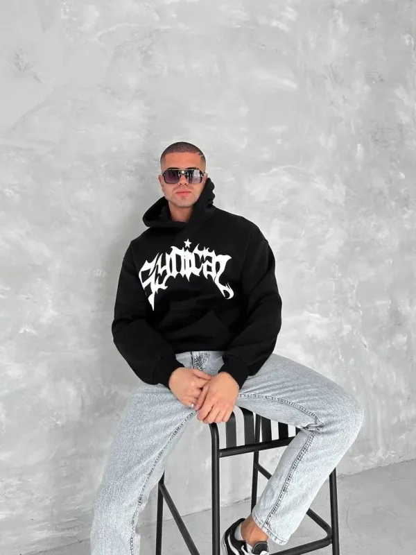 Muška crna oversize 3-nitna pamučna kapuljača s printom i džepom sweatshirt 2