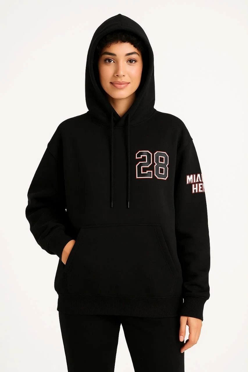 Γυναικείο Μαύρο 3-κλωνο Βαμβακερό Hoodie με Κουκούλα, Τύπωμα και Τσέπη Κάγκουρο