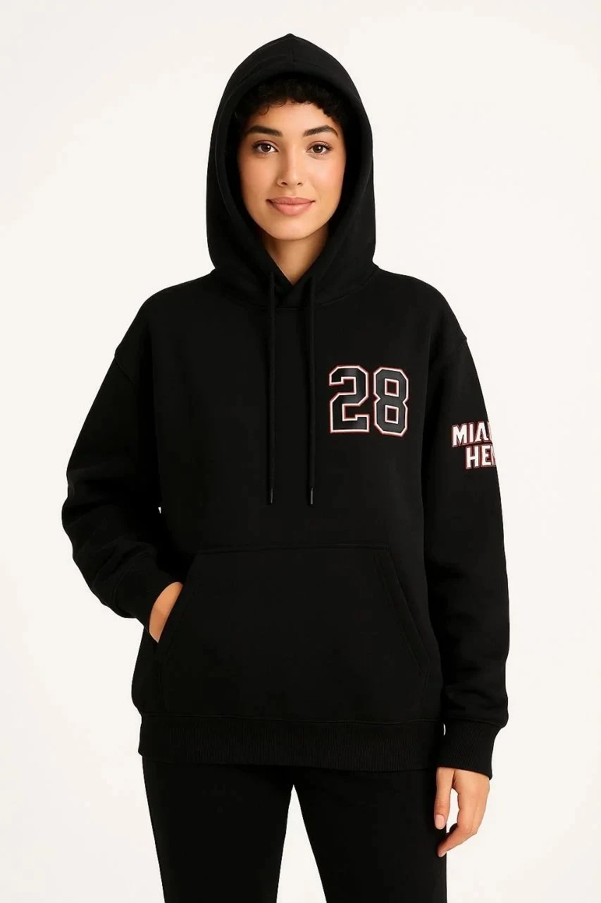 Ženska crna 3-nitna pamučna kapuljača s printom klokan džep hoodie