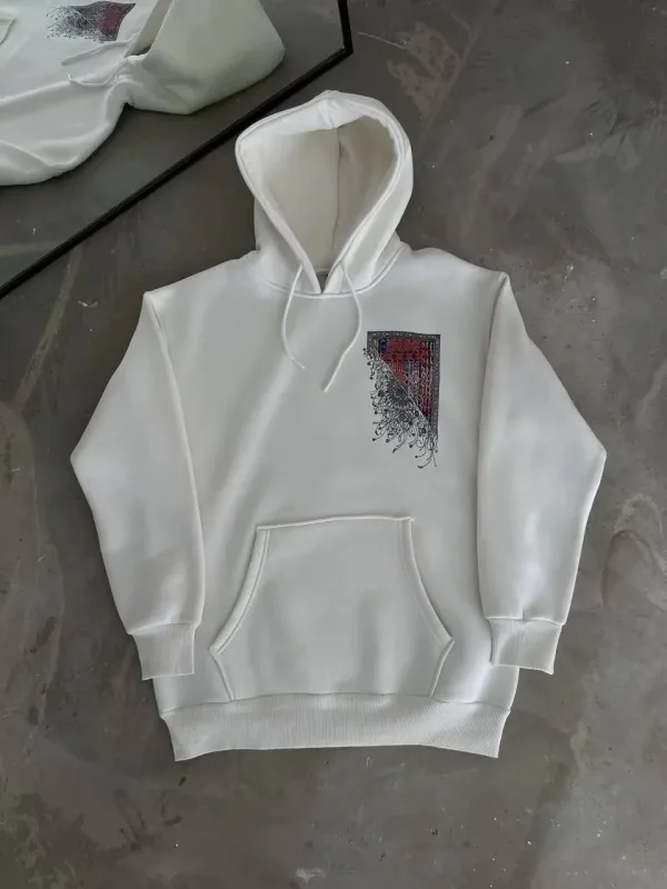 Muška bijela 3 niti pamučna tiskani kapuljača džep klokana sweatshirt 5