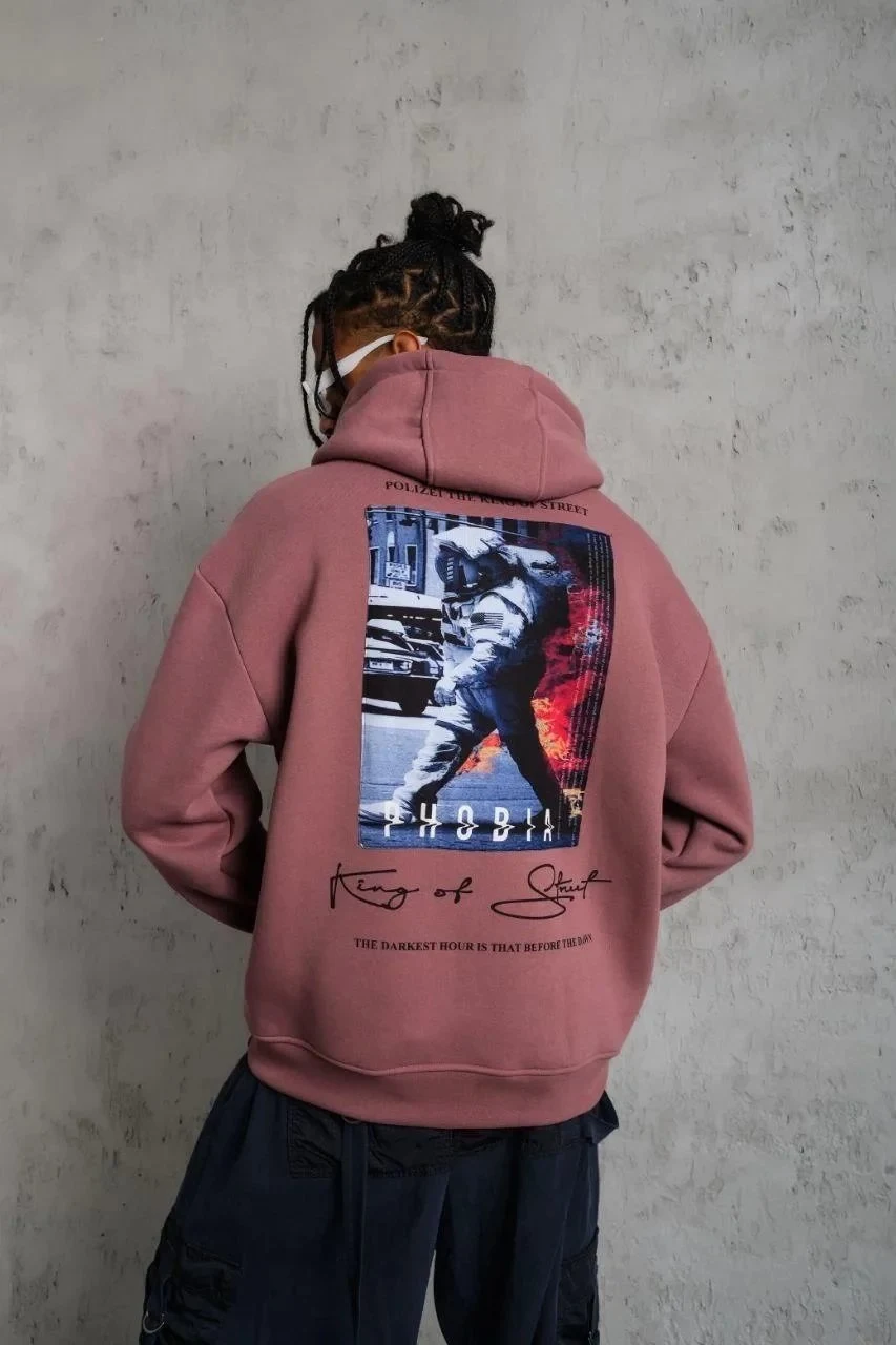 Burrë rozë i thatë Oversize 3 fije pambuku të printuar me kapuç Sweatshirt