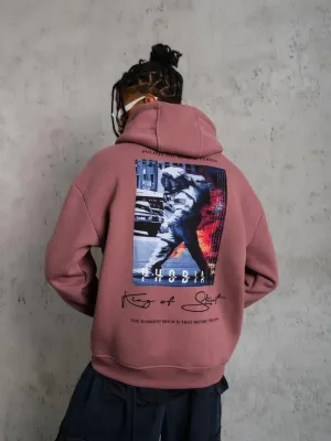 Men's Dusty Rose Oversize 3-Thread Cotton Printed Hooded Sweatshirt