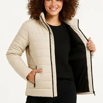 Women's Beige Micro Water Repellent Quilted Printed Zippered Bomber Jacket 2