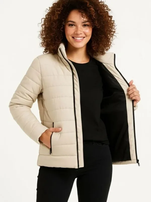 Women's Beige Micro Water Repellent Quilted Printed Zippered Bomber Jacket 2