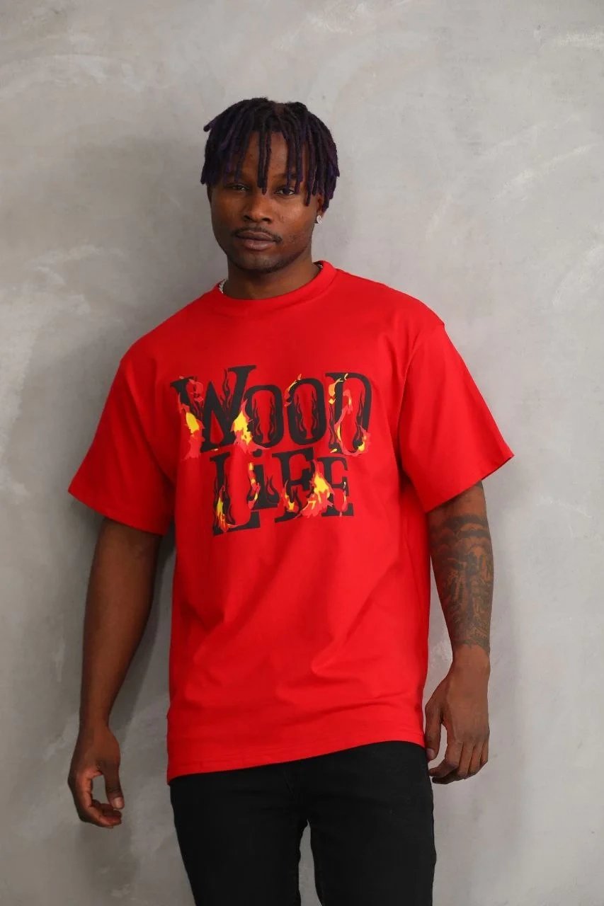 Ανδρικό Κόκκινο Oversize Ποδηλατόλαιμο Τυπωμένο T-shirt