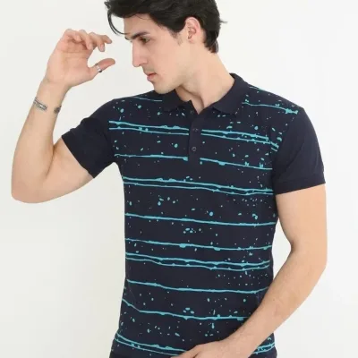Kişi Tünd Göy Slim Fit Pike Zolaqlı Qısa Qol Polo Köynək 3