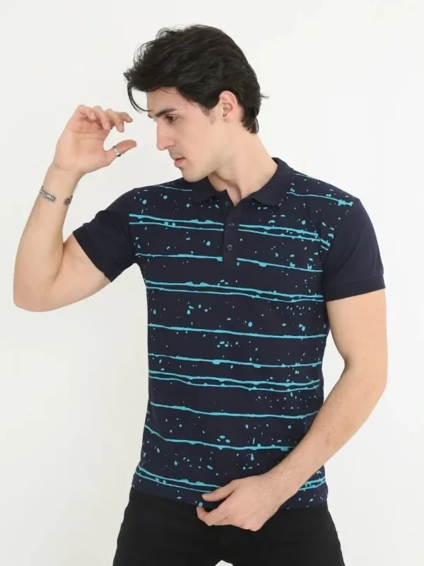 Kişi Tünd Göy Slim Fit Pike Zolaqlı Qısa Qol Polo Köynək 3