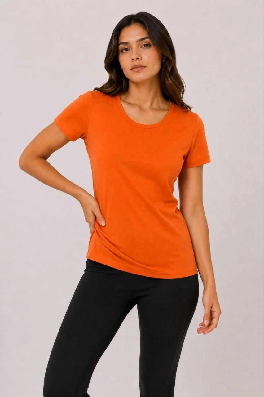 Γυναικείο Πορτοκαλί Slim Fit Ποδήλατο Λαιμό Basic Τ-Shirt