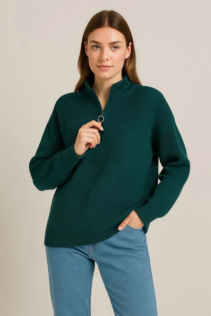 Γυναικείο Χακί Oversize Μισό Φερμουάρ Όρθιος Λαιμός Πλεκτό Πουλόβερ