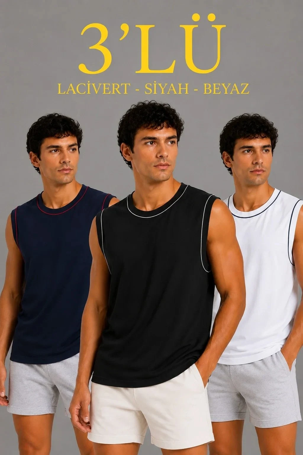 Set me 3 atlete për meshkuj, me jakë biçiklete, pa mëngë, sportive
