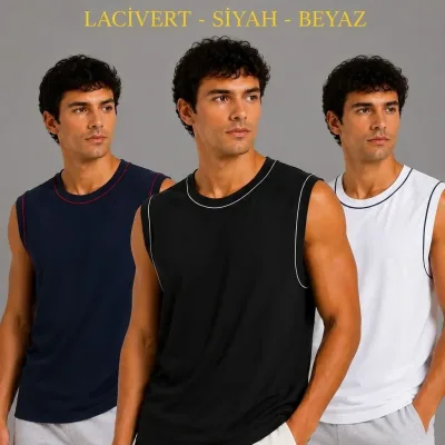 Set me 3 atlete për meshkuj, me jakë biçiklete, pa mëngë, sportive 1