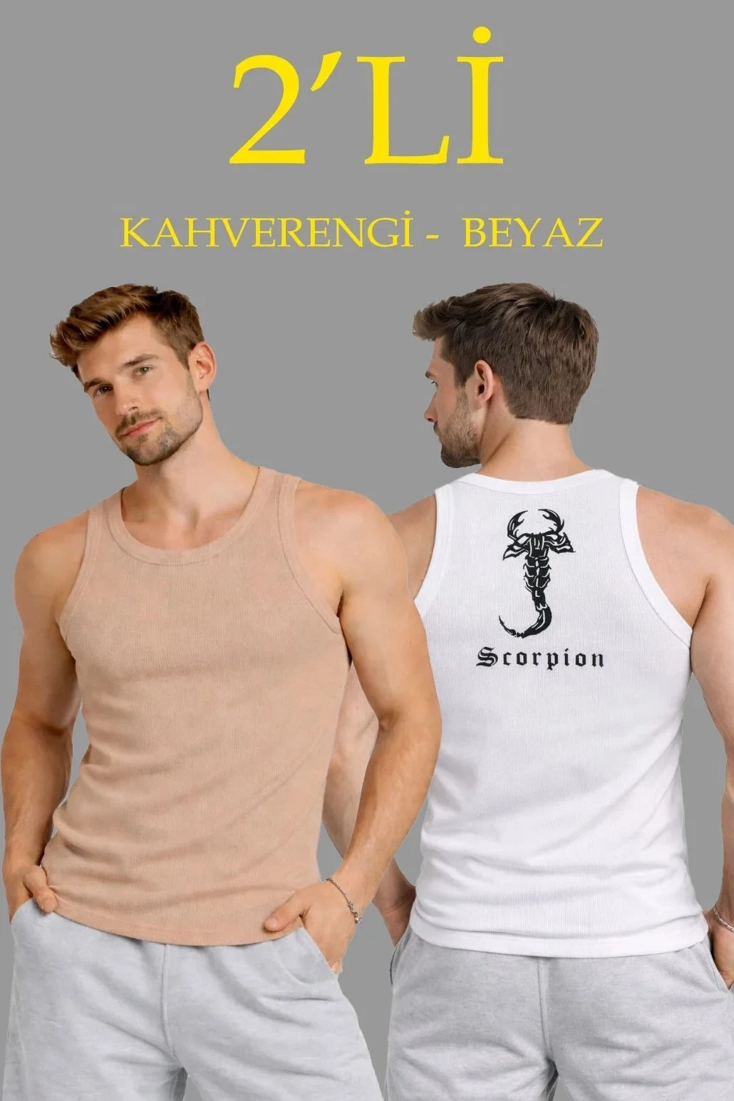 Muški set od 2 slim fit rebraste potkošulje s printom na leđima