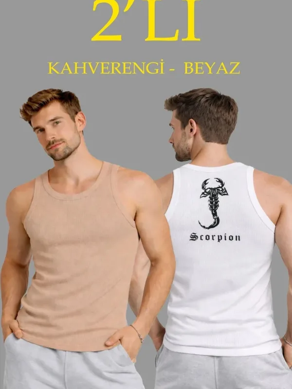 Чоловічий набір з 2 slim fit ребристих майок з принтом на спині 1