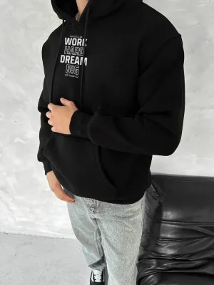 Férfi fekete 3 szálas pamut kapucnis kenguru zsebes nyomott sweatshirt
