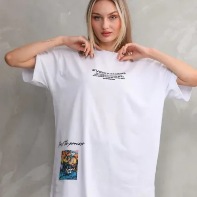 Ženska bela oversize bicikli kragna štampana majica 1
