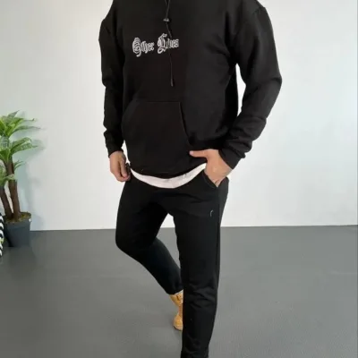 Kişi Qara Oversize 3 İplik Pambıqlı Çaprazlı Başlıqlı Sviter 2