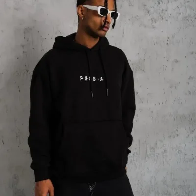 Muški crni oversize 3-niti pamučni s kapuljačom tiskani sweatshirt 4