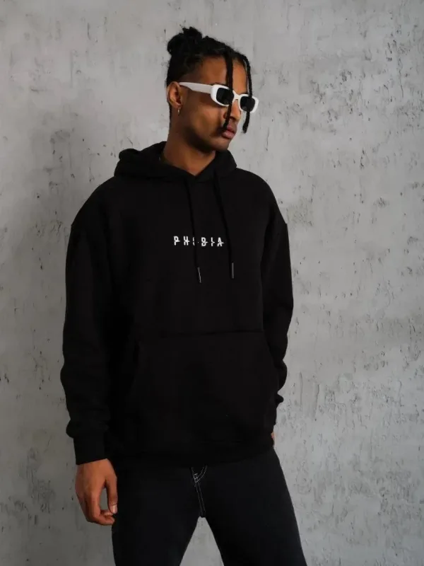 Muški crni oversize 3-niti pamučni s kapuljačom tiskani sweatshirt 4