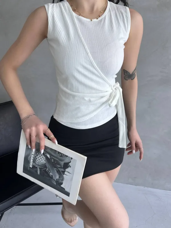Strap Front Cross Tie Blouse White 3
