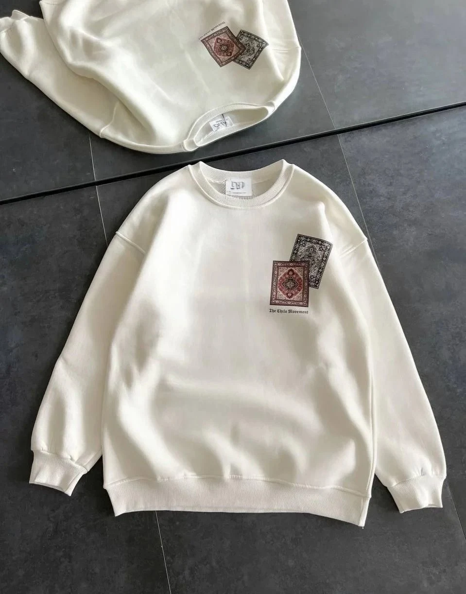 Damski Biały Okrągły Dekolt Nadruk Dywan 3-nitkowy Bawełniany Sweatshirt