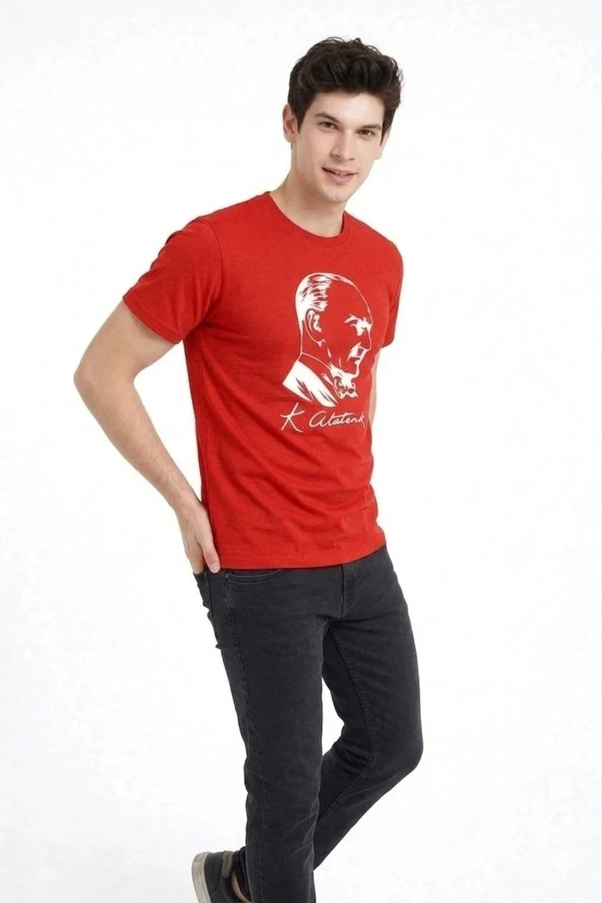 Men's Red Scoop Neck Ataturk Printed T-Shirt