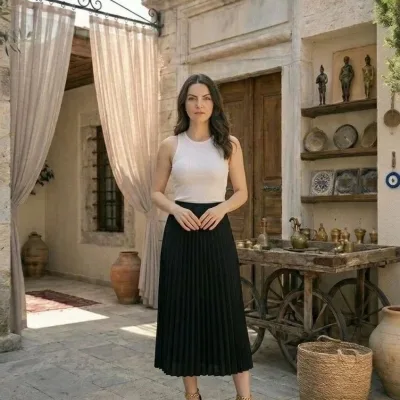 Ženska crna satenska plisirana midi suknja, elegantan i sofisticiran dizajn 4