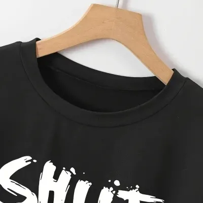 Женски црн велосипед јака Shut Up печатење кратки ракави маица 2