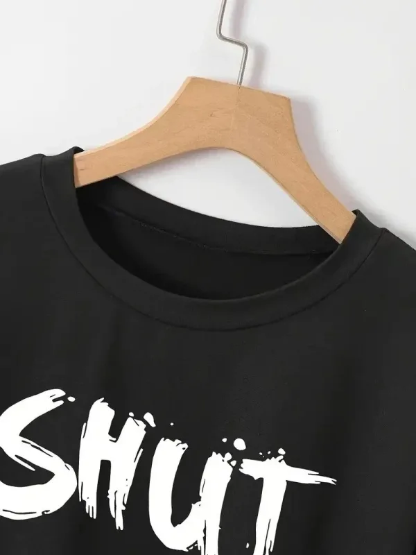 Женски црн велосипед јака Shut Up печатење кратки ракави маица 2
