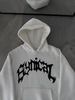 Férfi fehér kapucnis kenguru zsebes 3 szálas pamut nyomott sweatshirt