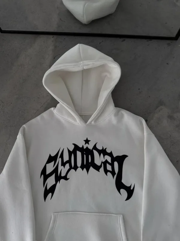 Férfi fehér kapucnis kenguru zsebes 3 szálas pamut nyomott sweatshirt 1