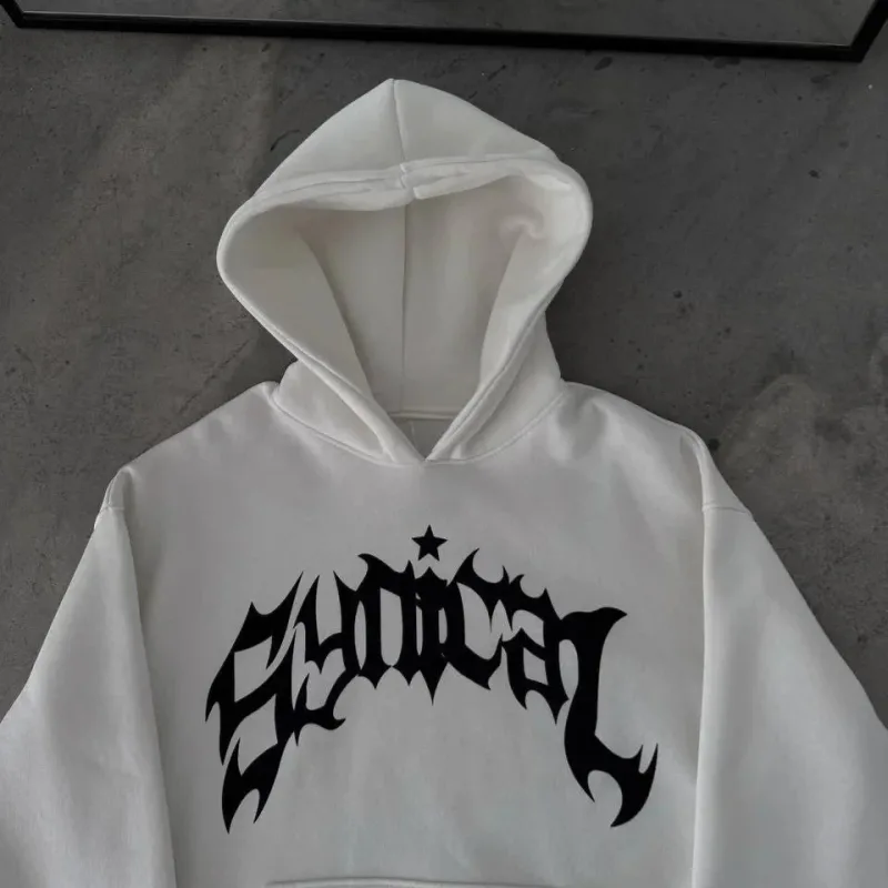 Férfi fehér kapucnis kenguru zsebes 3 szálas pamut nyomott sweatshirt