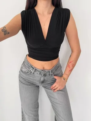 Ženska crna s podstavom bez rukava drapirana likra crop bluza