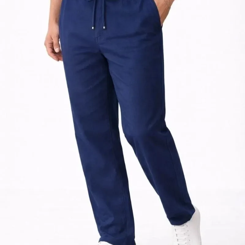 Mursho Indigo Keten Elastik Talia Džepura Fermuar Pantaloni