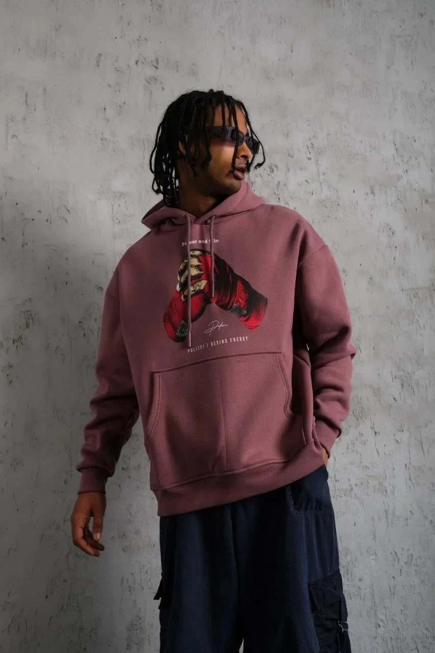 Men's Dusty Rose Oversize Hooded Printed 3-Thread Sweatshirt